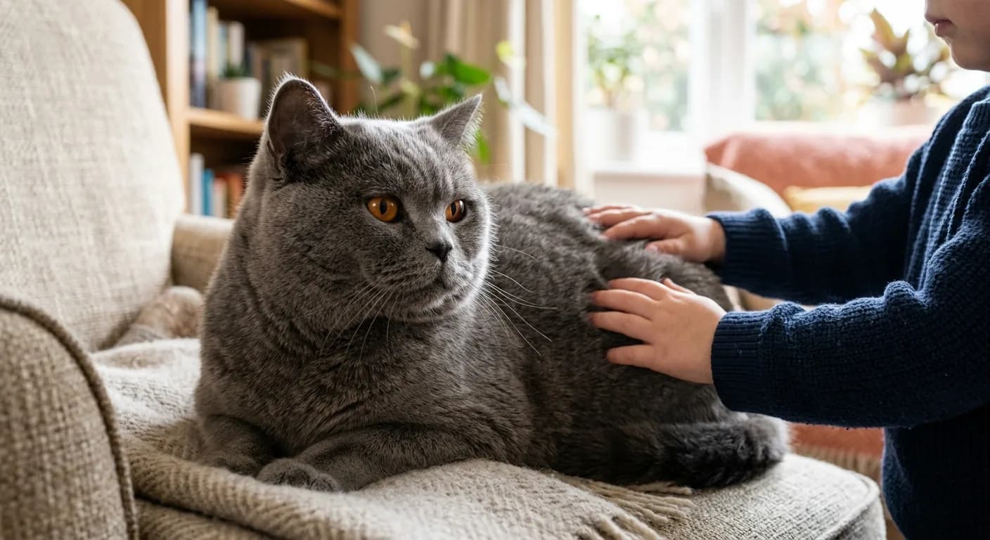 a British Shorthair tolerating a gentle pet from a child (child hands only, no face)