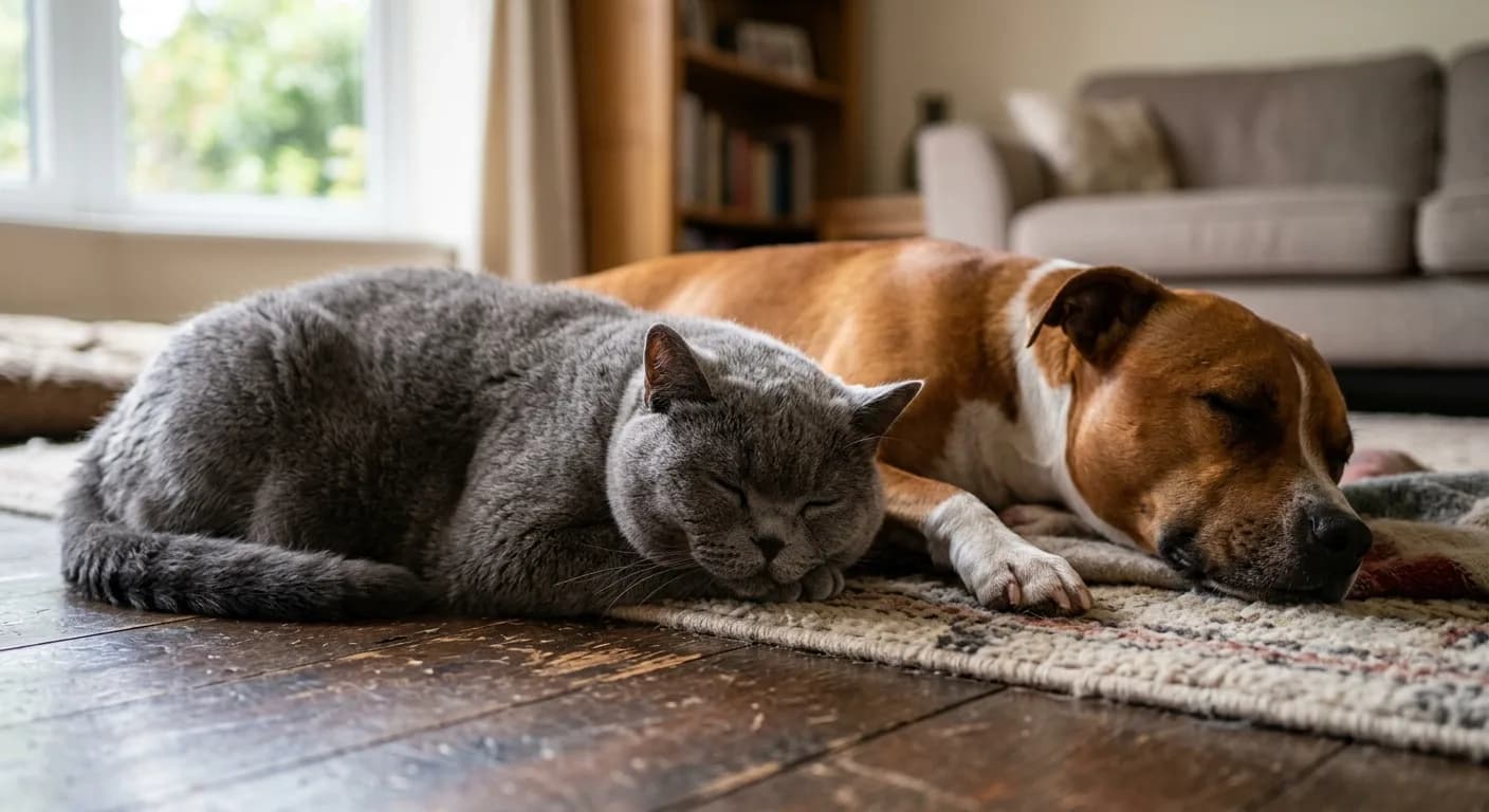 a British Shorthair resting peacefully near a medium dog