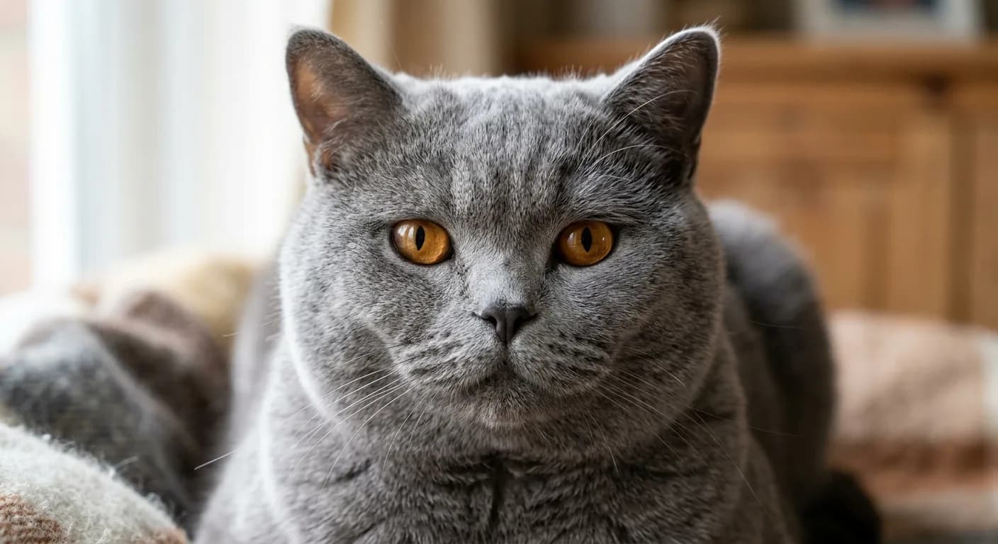 a close-up of a British Shorthair round, placid face