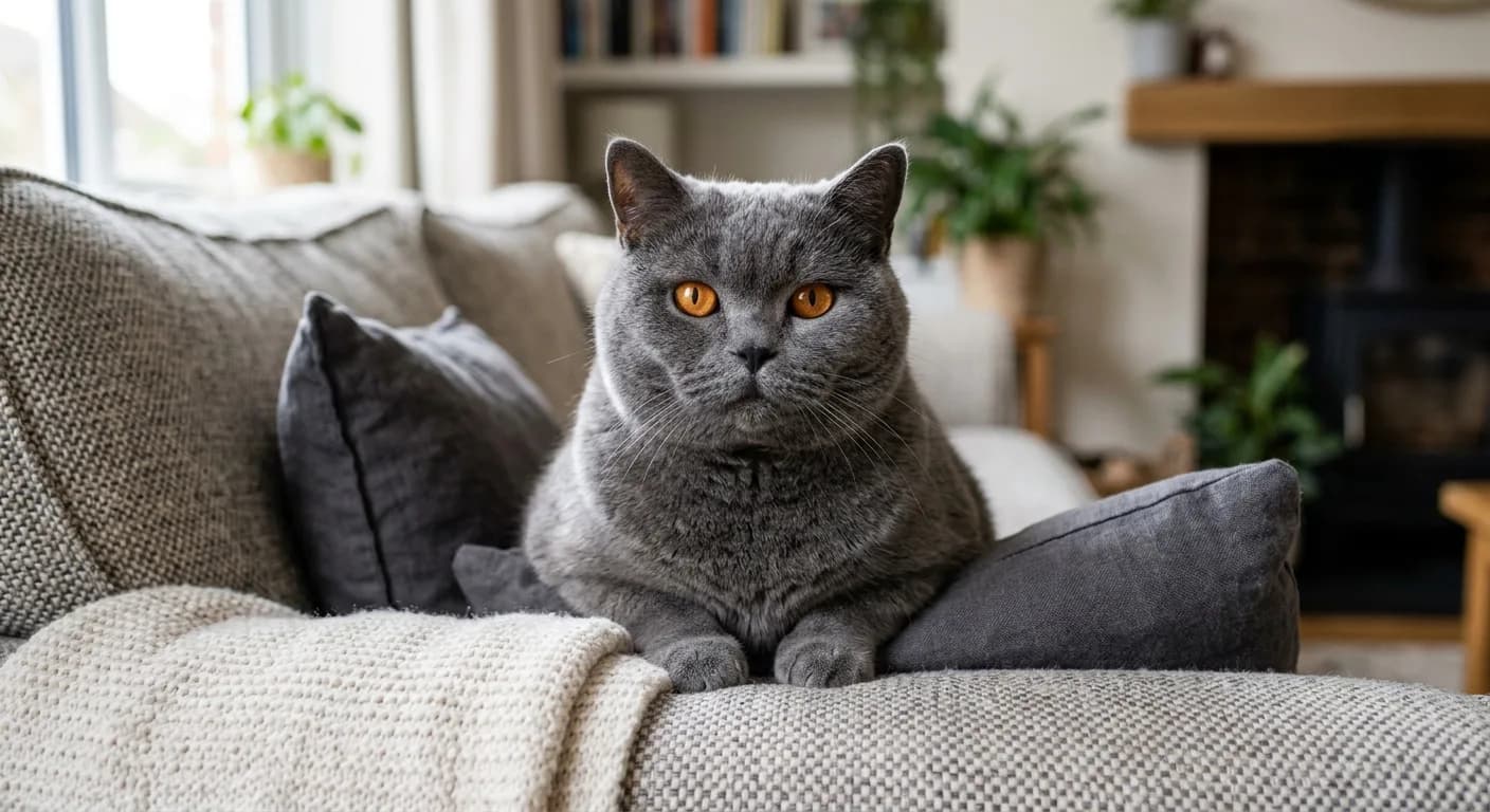 a calm blue British Shorthair sitting on a couch, facing the camera, relaxed and content