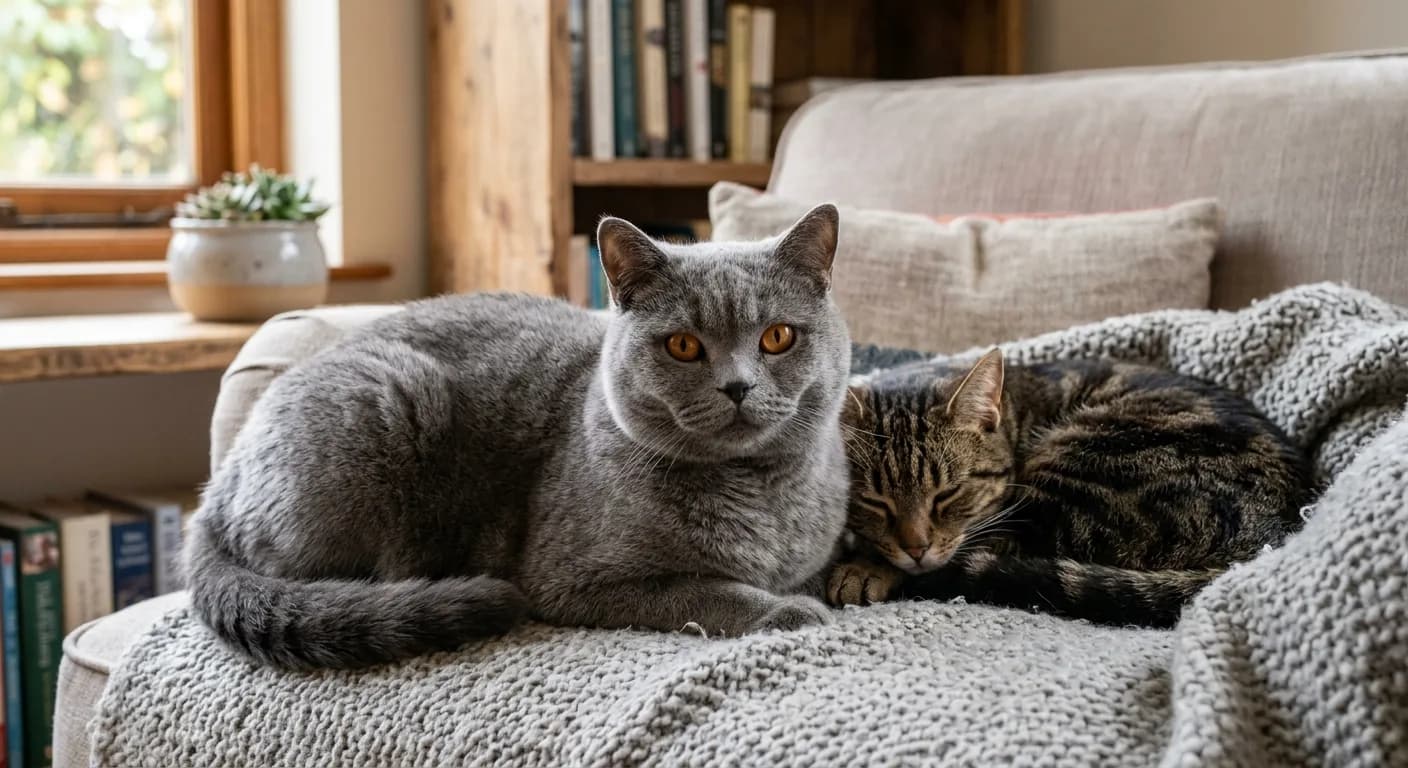 a British Shorthair with another cat in a calm multi-pet scene