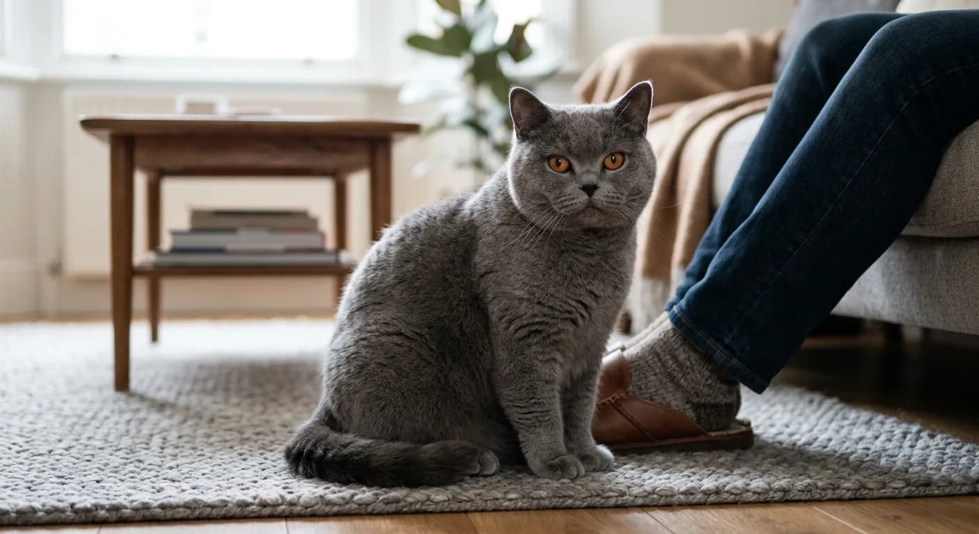 a British Shorthair sitting near a person's legs (no face) showing present-not-clingy style