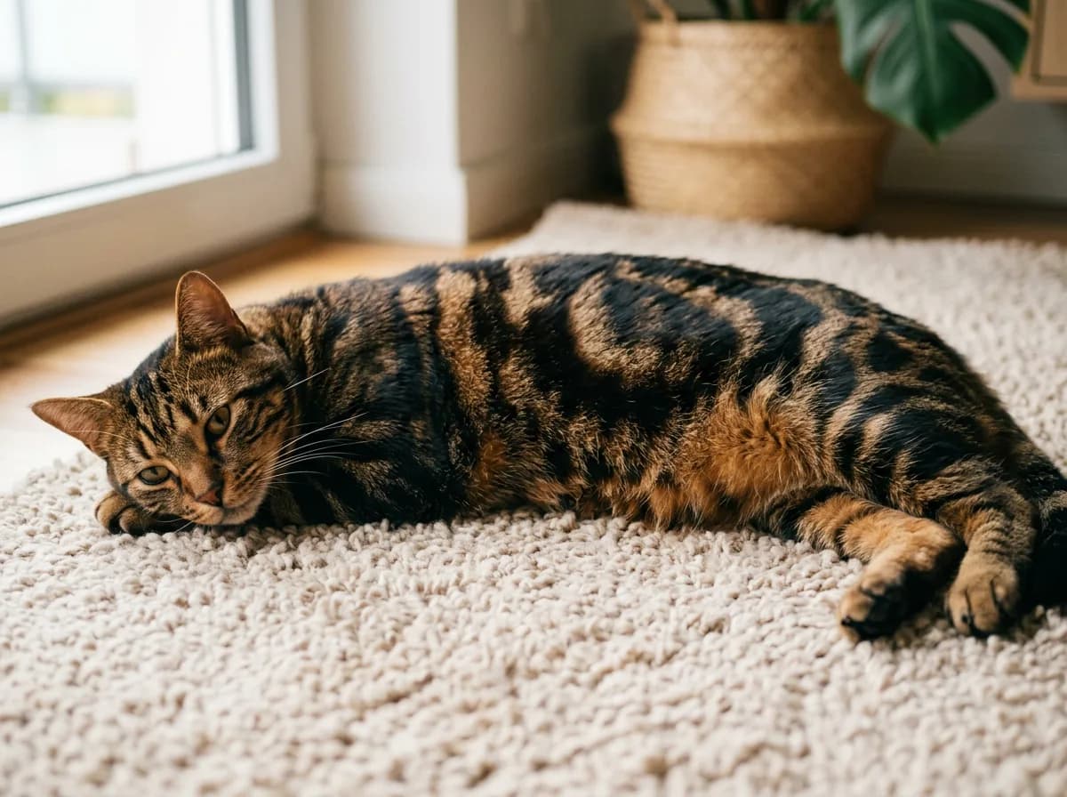 Brown classic tabby cat lying on its side showing the bold black bullseye swirl pattern on its flank against a coppery-brown coat