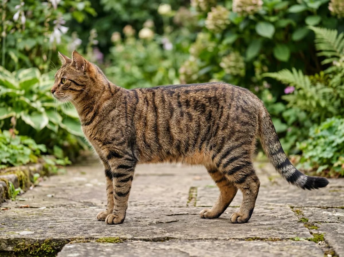Brown mackerel tabby cat standing in profile with narrow vertical black stripes running down its ribs from a dark spine line