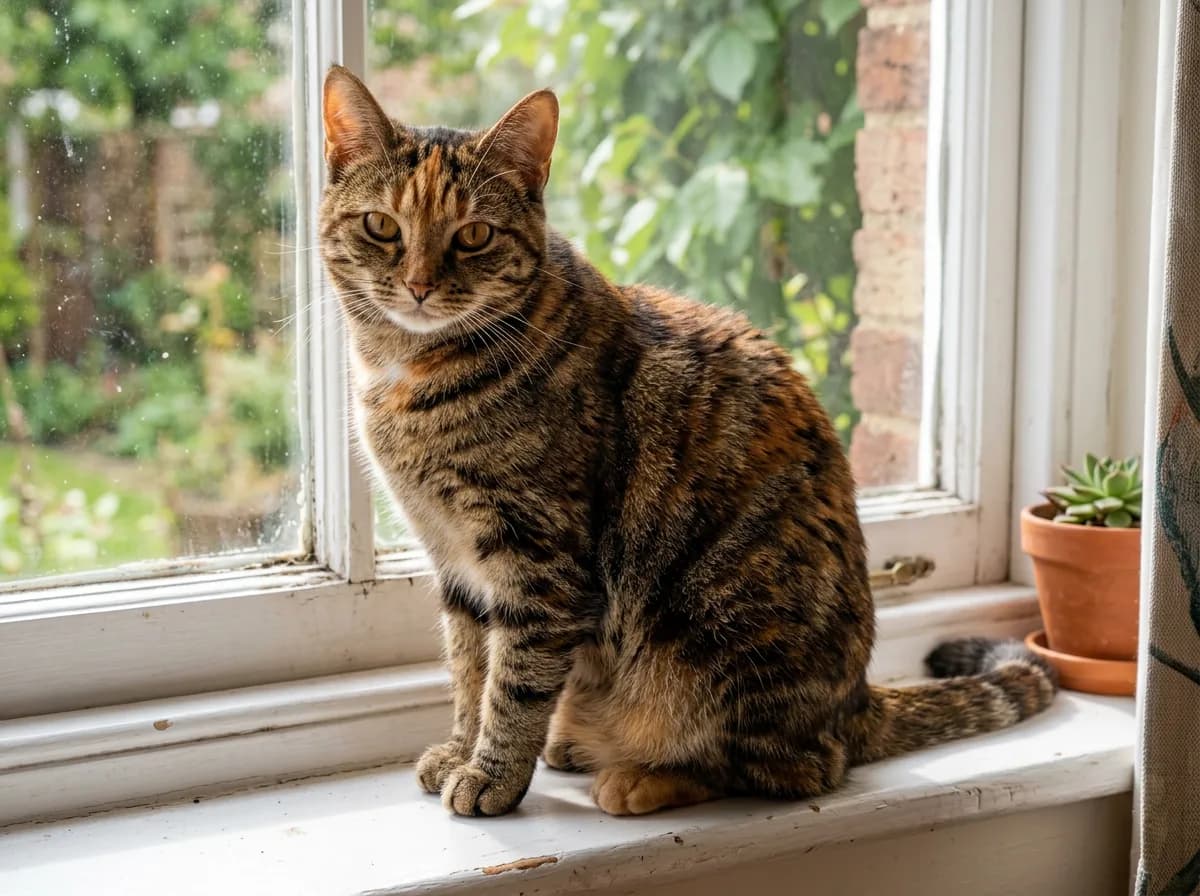 Female torbie cat with brown tabby stripes broken by warm red and cream patches across her back and face, sitting on a windowsill