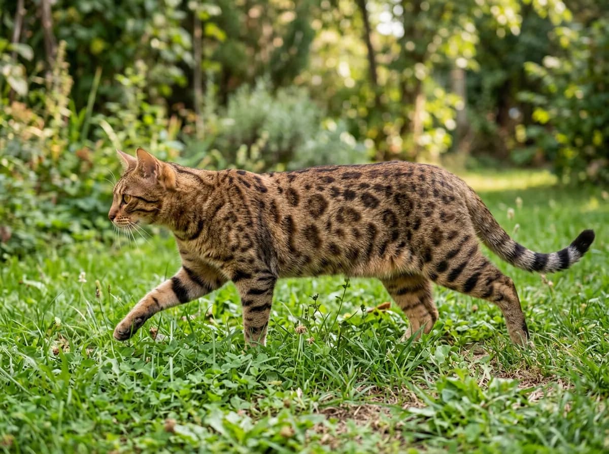 Brown spotted tabby cat walking through short grass, dark rosette-like spots scattered over a golden-brown coat