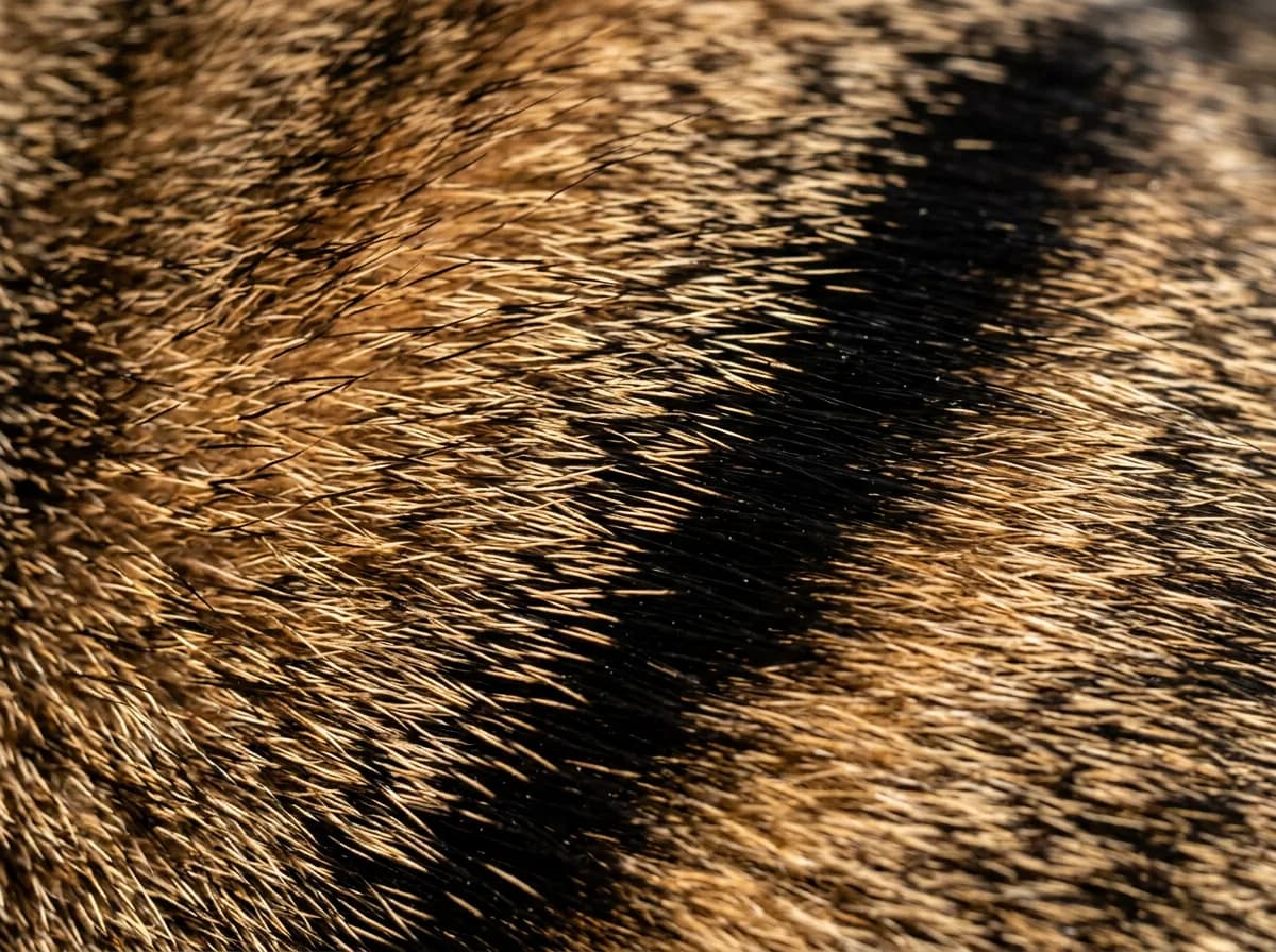 Extreme close-up of brown tabby cat fur showing individual hairs banded with black and warm tan, with a black stripe crossing the coppery ground color