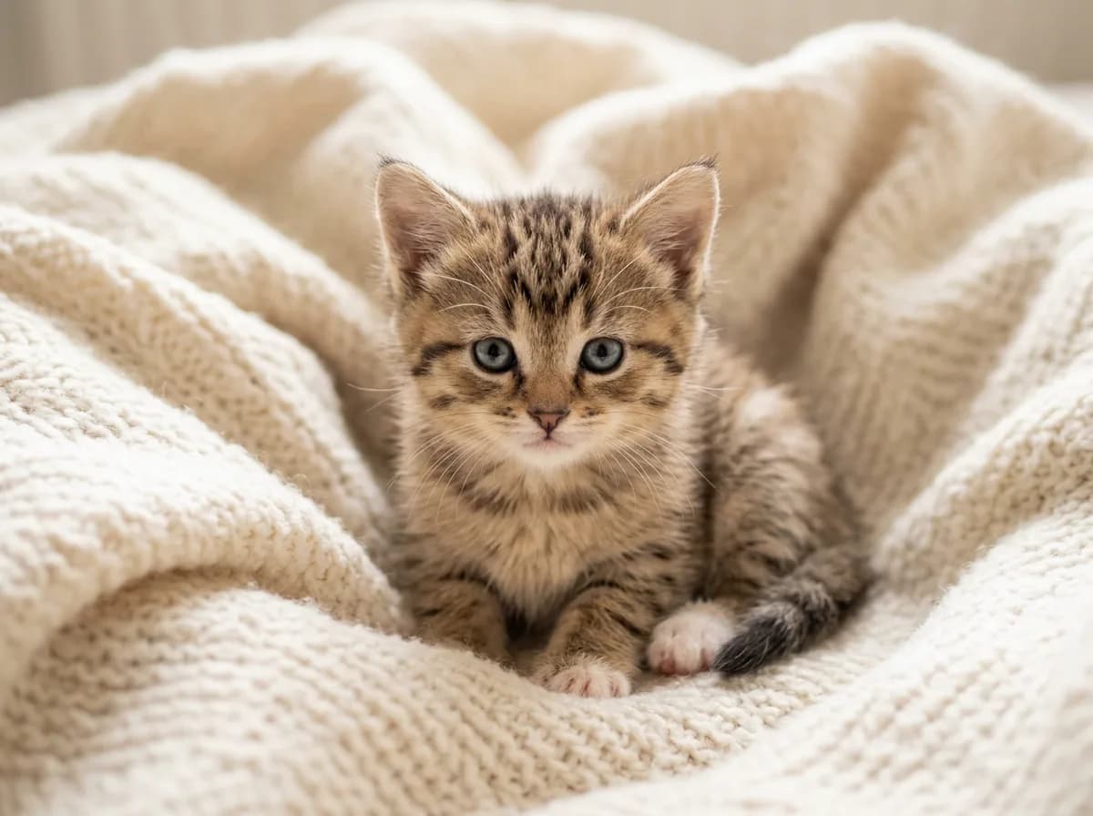 Brown tabby kitten with oversized ears and bright blue eyes sitting in a soft blanket, its faint stripes just beginning to darken