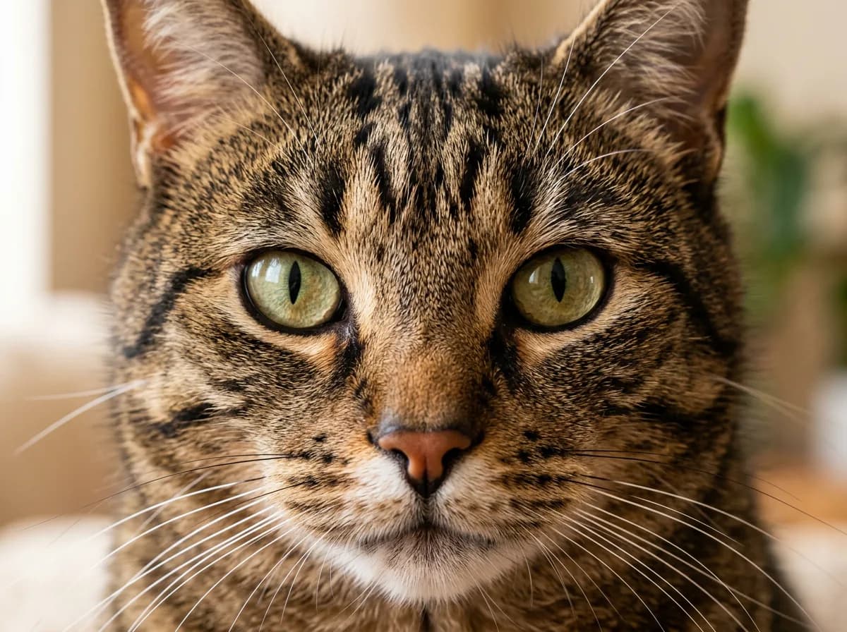 Close-up portrait of a brown tabby cat's face showing the distinct black M-shaped marking on its forehead above green eyes