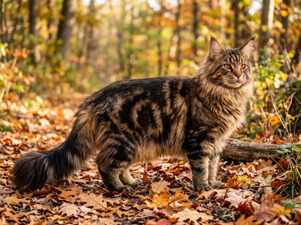 Large long-haired brown classic tabby Maine Coon cat with a full ruff and tufted ears, standing outdoors among autumn leaves