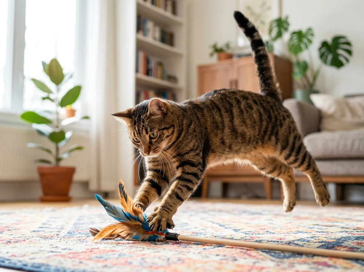 Playful brown tabby cat mid-pounce on a feather wand toy in a bright living room, tail raised and eyes focused
