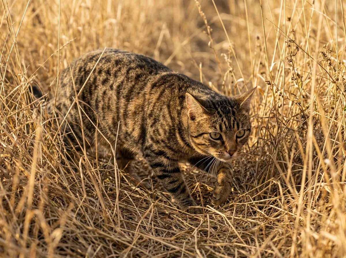 Brown mackerel tabby cat stalking low through tall dry grass, its striped coat blending into the vegetation like a wildcat