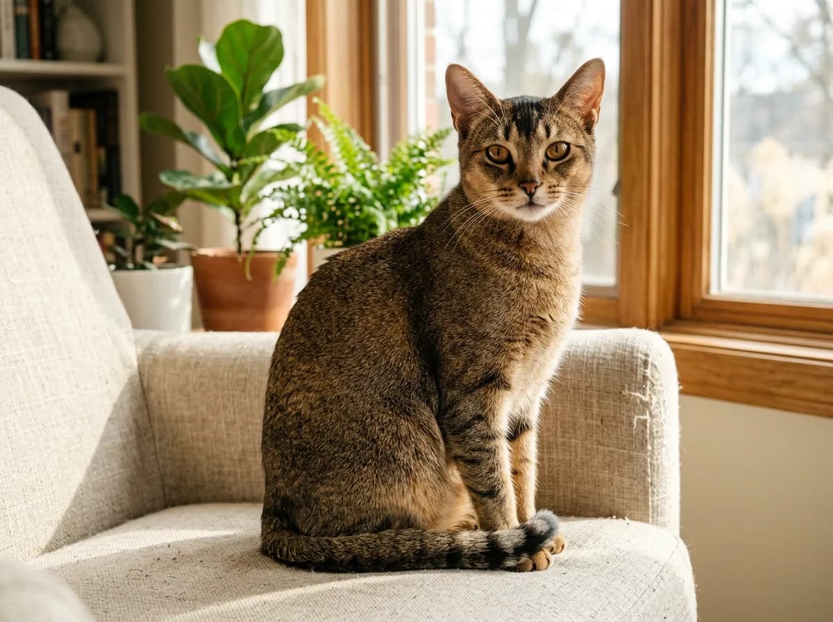 Ticked brown tabby cat with an evenly shimmering sandy-brown coat, faint leg barring, and an M marking on its forehead