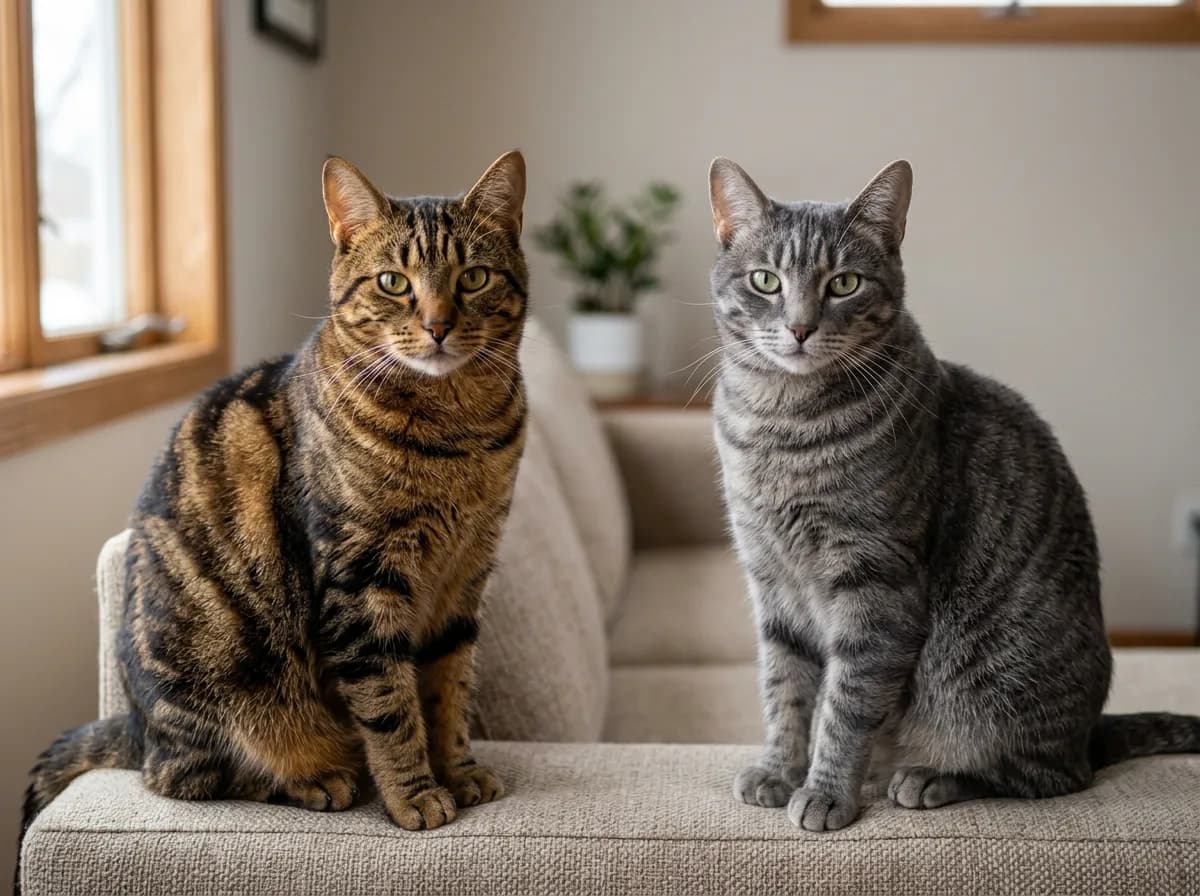 Brown tabby cat and gray tabby cat sitting side by side on a sofa, showing the warm coppery coat next to the cool slate-gray coat