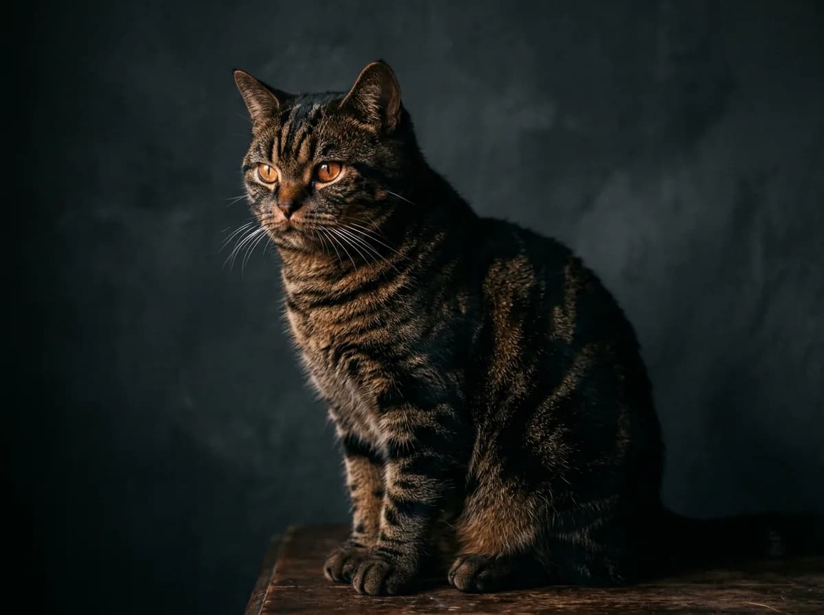 Dark brown tabby cat with dense heavy black markings over a deep bronze coat, photographed indoors on a dark background