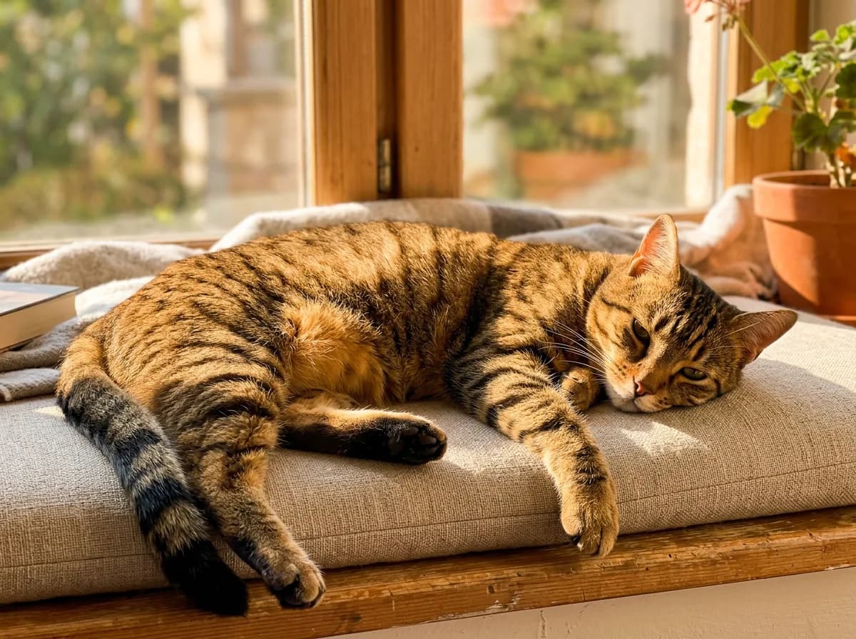 Warm golden-brown mackerel tabby cat lounging in sunlight that highlights the rich coppery glow of its ground color