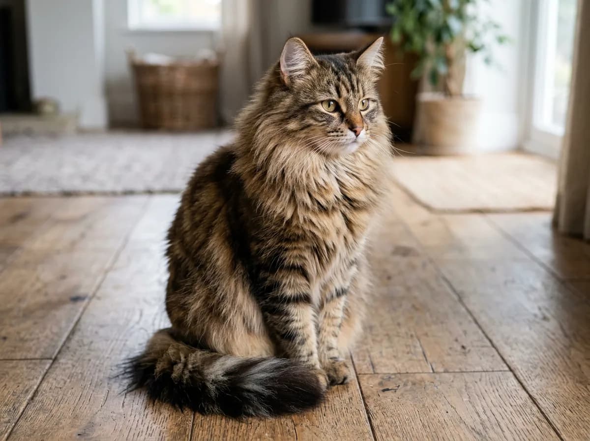 Long-haired brown tabby cat with flowing marbled fur, a full neck ruff, and a thick ringed plume tail, sitting on a wooden floor