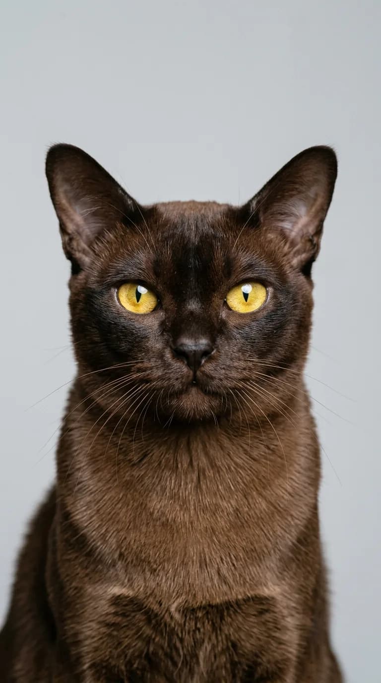 A studio portrait of a sable Burmese cat with a rich dark-brown coat and golden eyes
