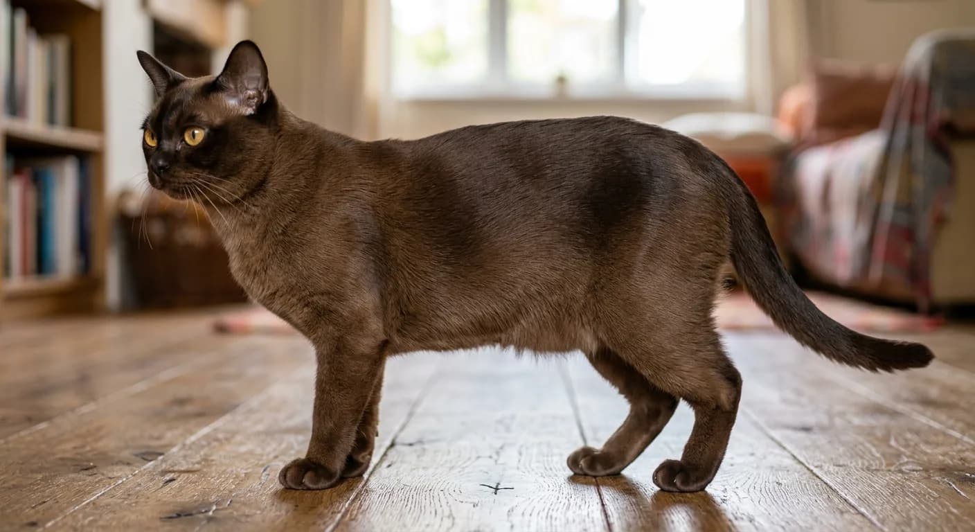 A full-body sable Burmese cat showing its compact, muscular, surprisingly heavy build and glossy dark-brown coat