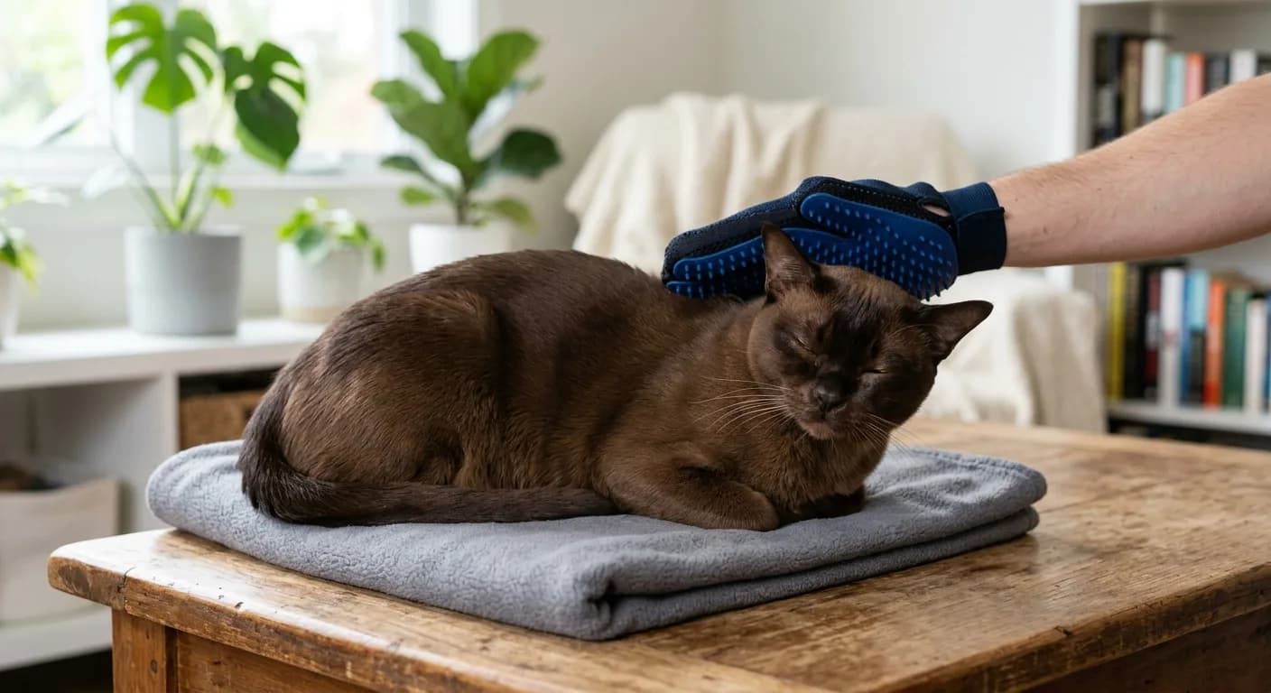 A sable Burmese cat being gently groomed with a soft rubber mitt to keep its short coat glossy