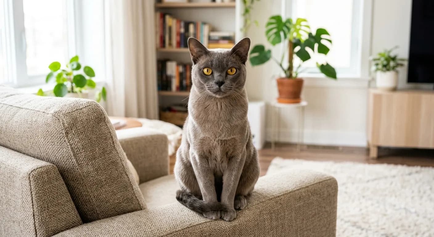 A blue Burmese cat with a soft warm medium-grey solid coat, a rounded head, and golden-yellow eyes sitting upright in a bright home