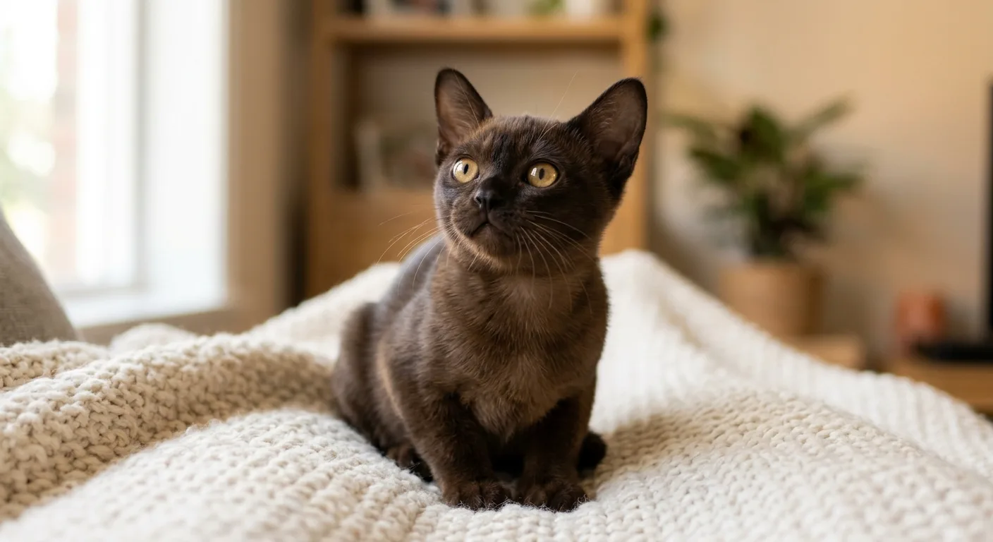 A sable Burmese kitten with a warm dark-brown coat, large upright ears, and big round golden-yellow eyes on a cream blanket