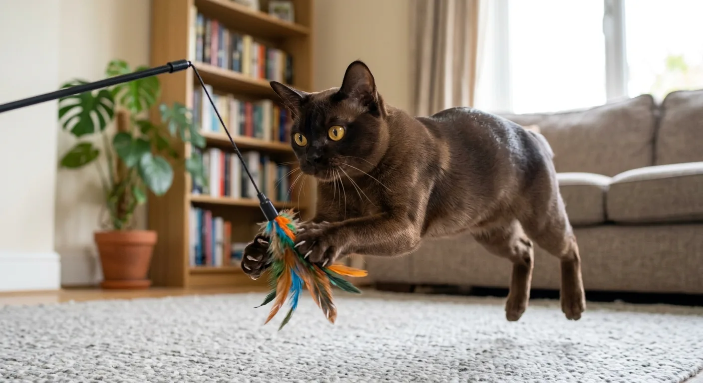 A sable Burmese cat playing energetically with a feather wand toy, mid-pounce in a bright living room
