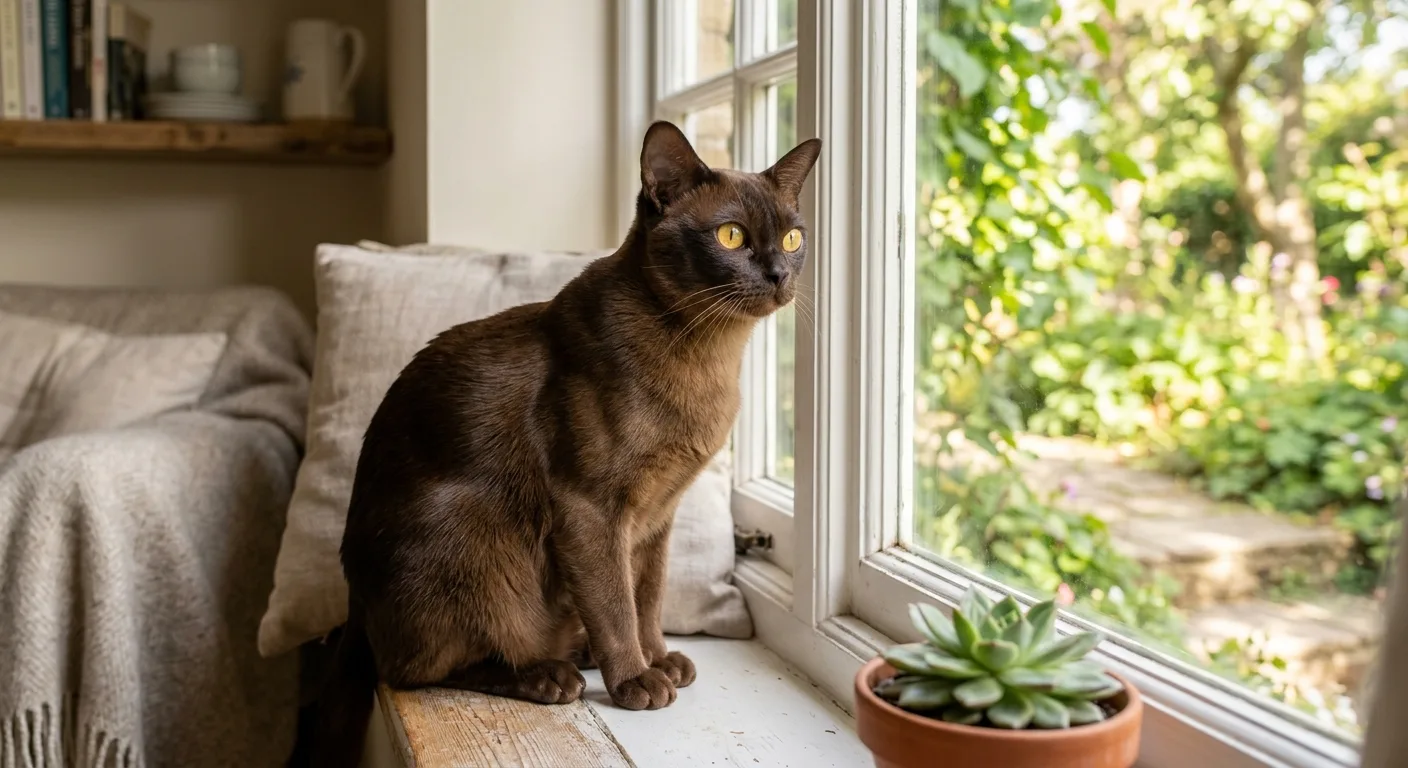 A sable Burmese cat sitting on a sunny windowsill looking out, in a cozy bright home