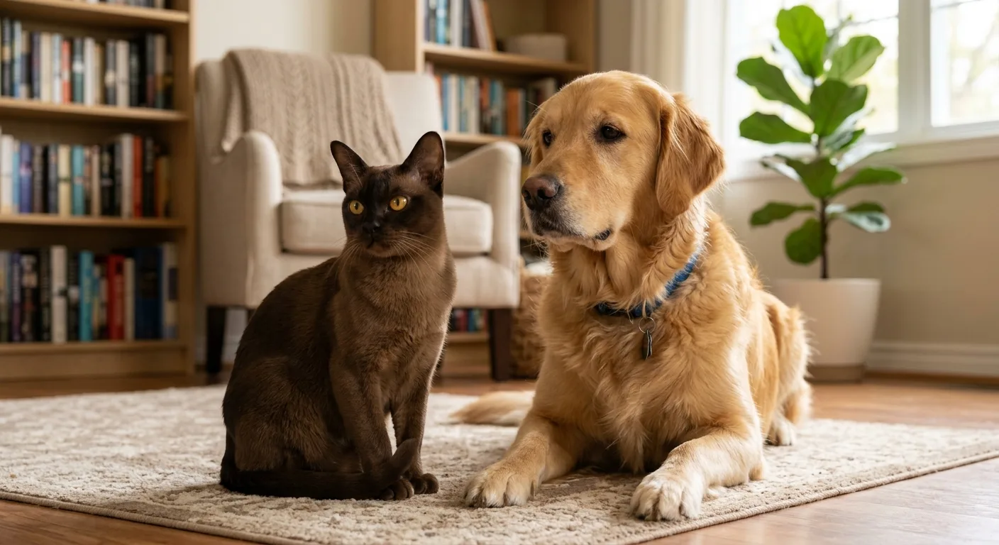 A sable Burmese cat sitting calmly beside a friendly golden retriever dog on a living room floor