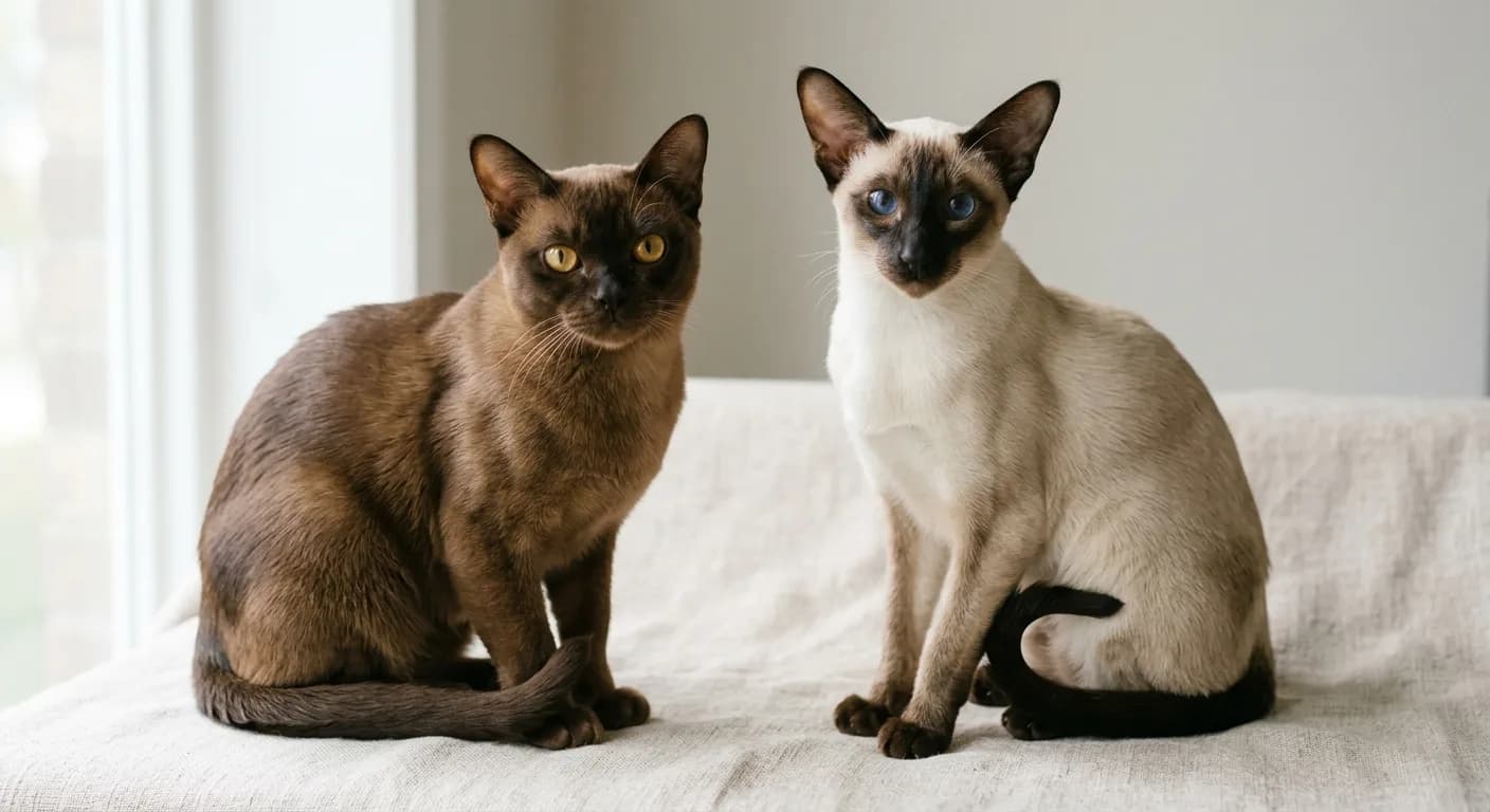A solid sable Burmese with golden eyes beside a cream seal point Siamese with blue eyes