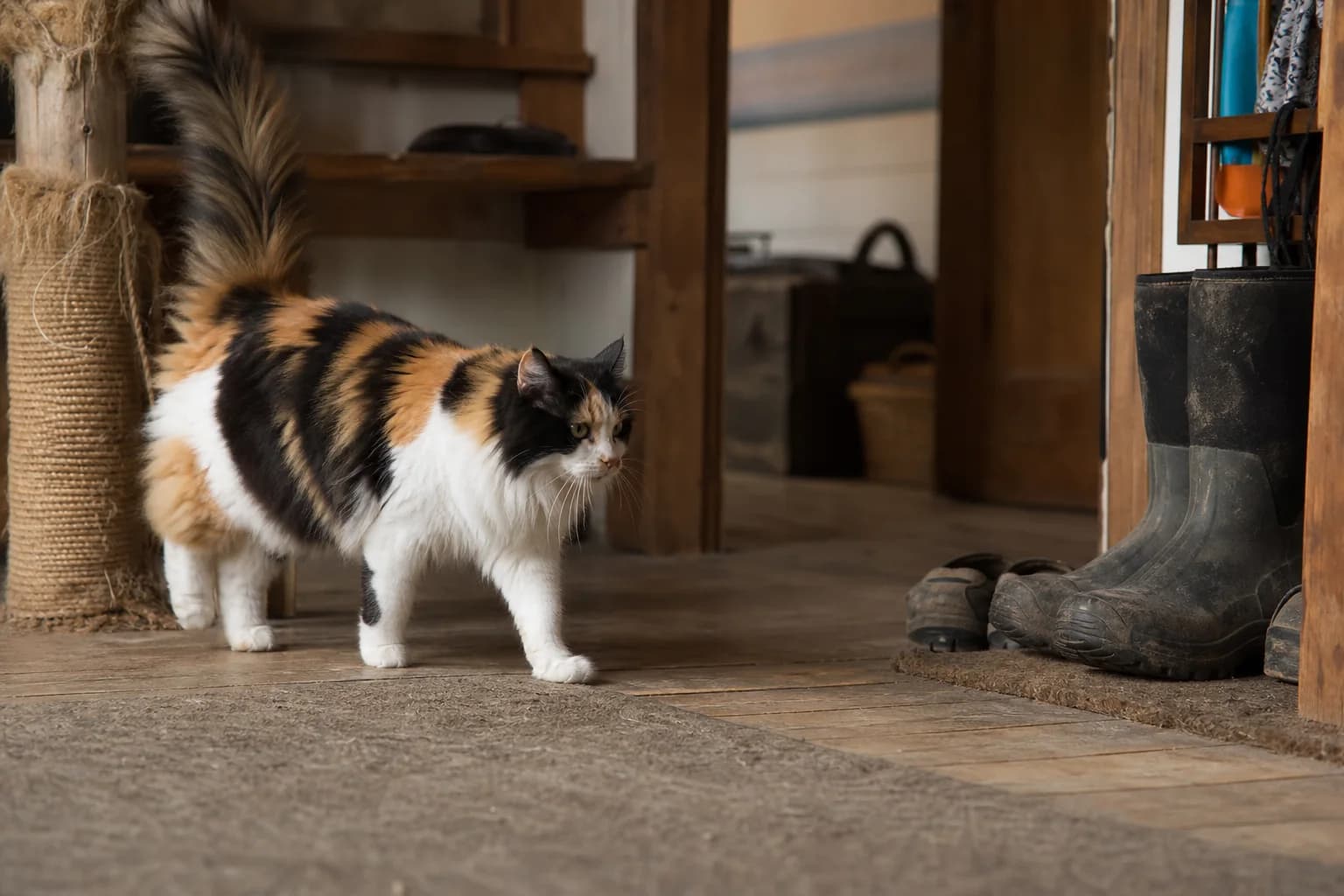 A longhaired calico cat walking past muddy boots in a worn cabin mudroom.