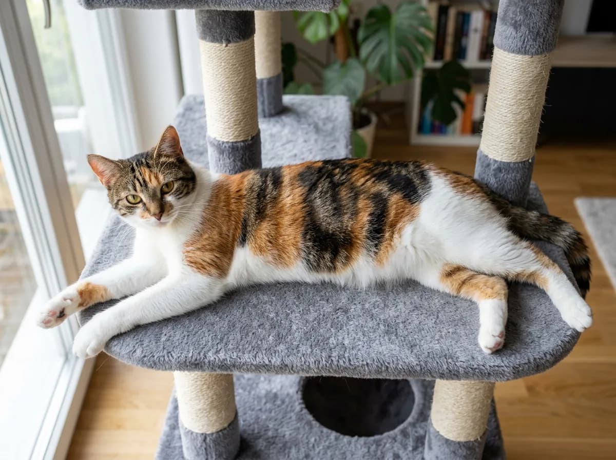 Calico tabby cat stretched out on a cat tree, displaying orange tabby-striped patches across her back