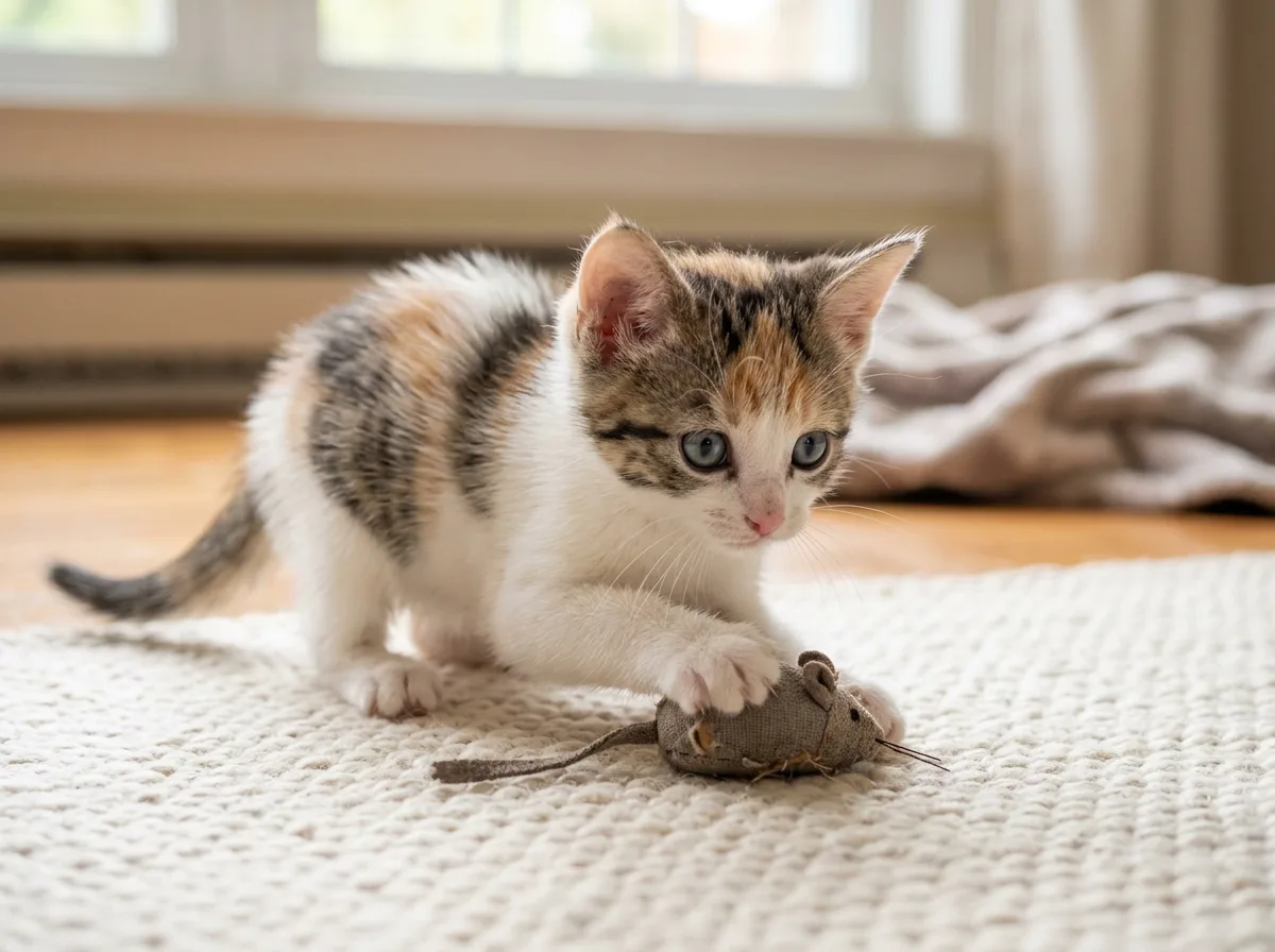 Calico tabby kitten with blue eyes and faint tabby striping in small orange and gray patches, playing with a toy on a rug