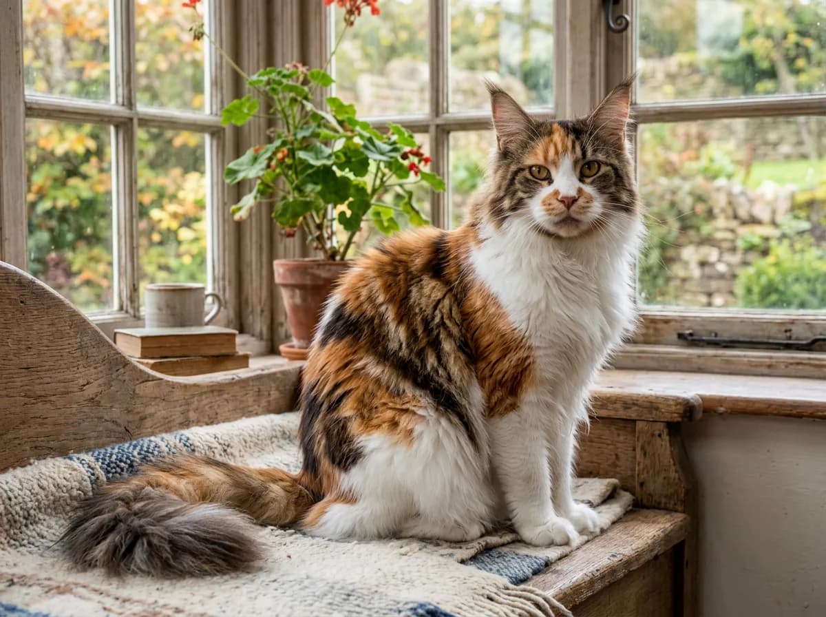 Calico tabby Maine Coon cat with long fur, tufted ears, and striped orange and brown patches on a white coat
