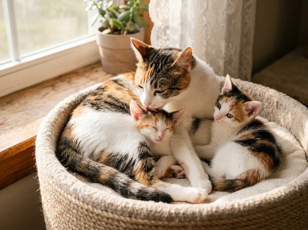 Calico tabby mother cat grooming two calico kittens in a sunlit cat bed