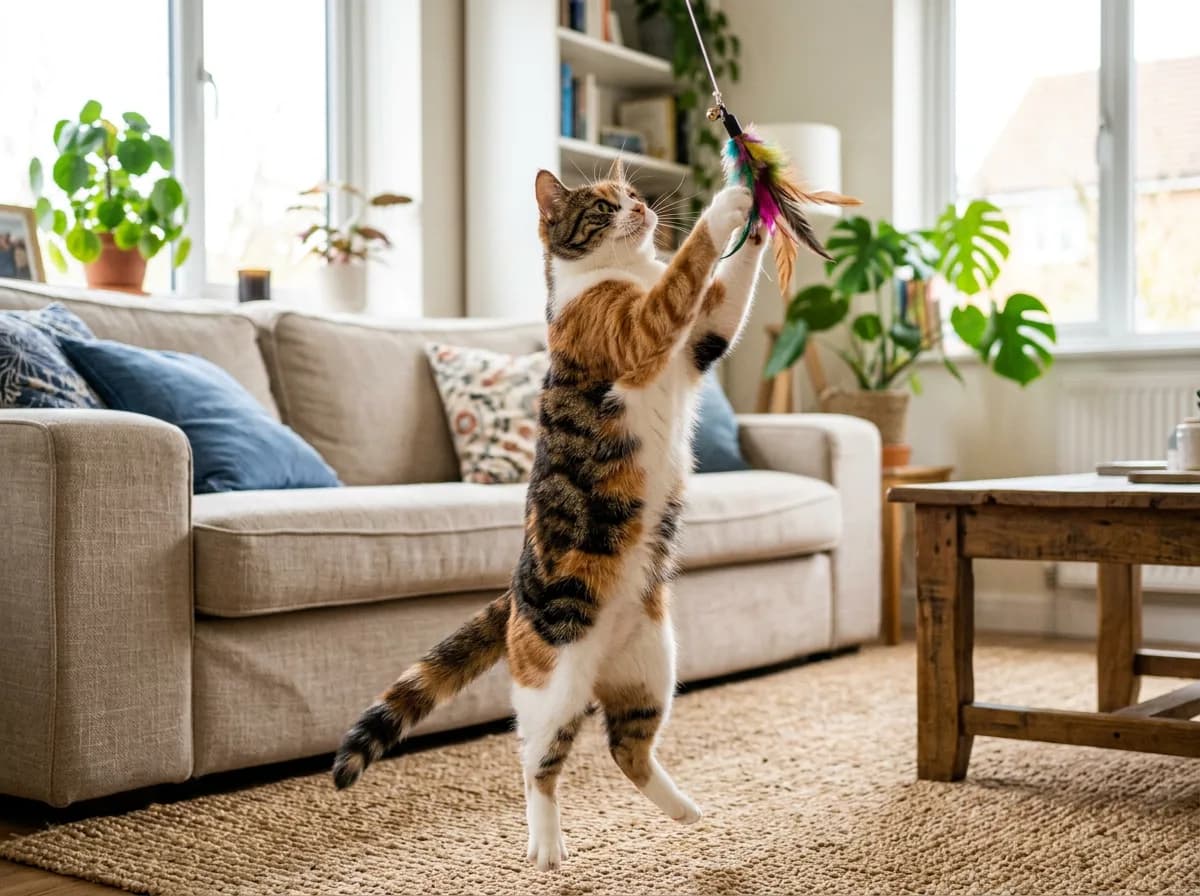 Playful calico tabby cat batting at a feather wand toy in a bright living room