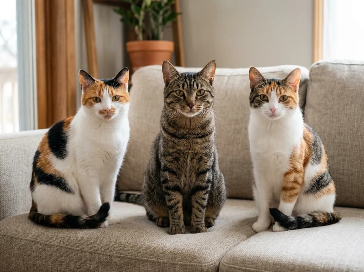 Side-by-side comparison of a classic calico cat, a brown mackerel tabby cat, and a calico tabby cat sitting in a row on a sofa