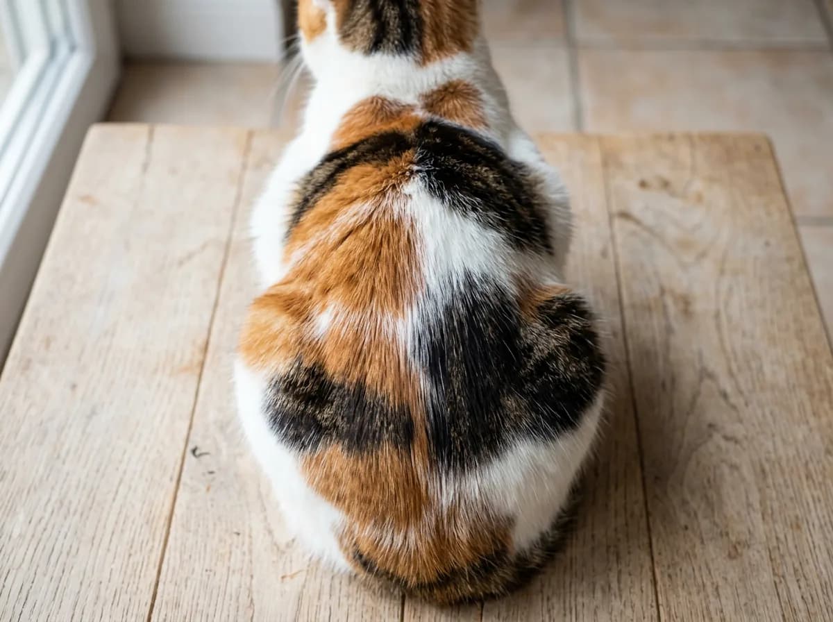 Close-up of a calico tabby cat's back showing distinct orange and brown patches with visible tabby striping over a white coat