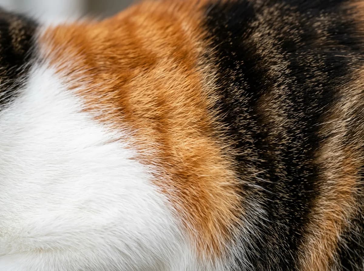 Close-up of a calico tabby cat's coat showing white, orange, and brown-black fur with visible tabby banding