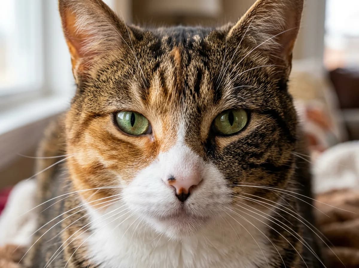 Close-up of a calico tabby cat's face showing the classic tabby M marking on the forehead above green eyes
