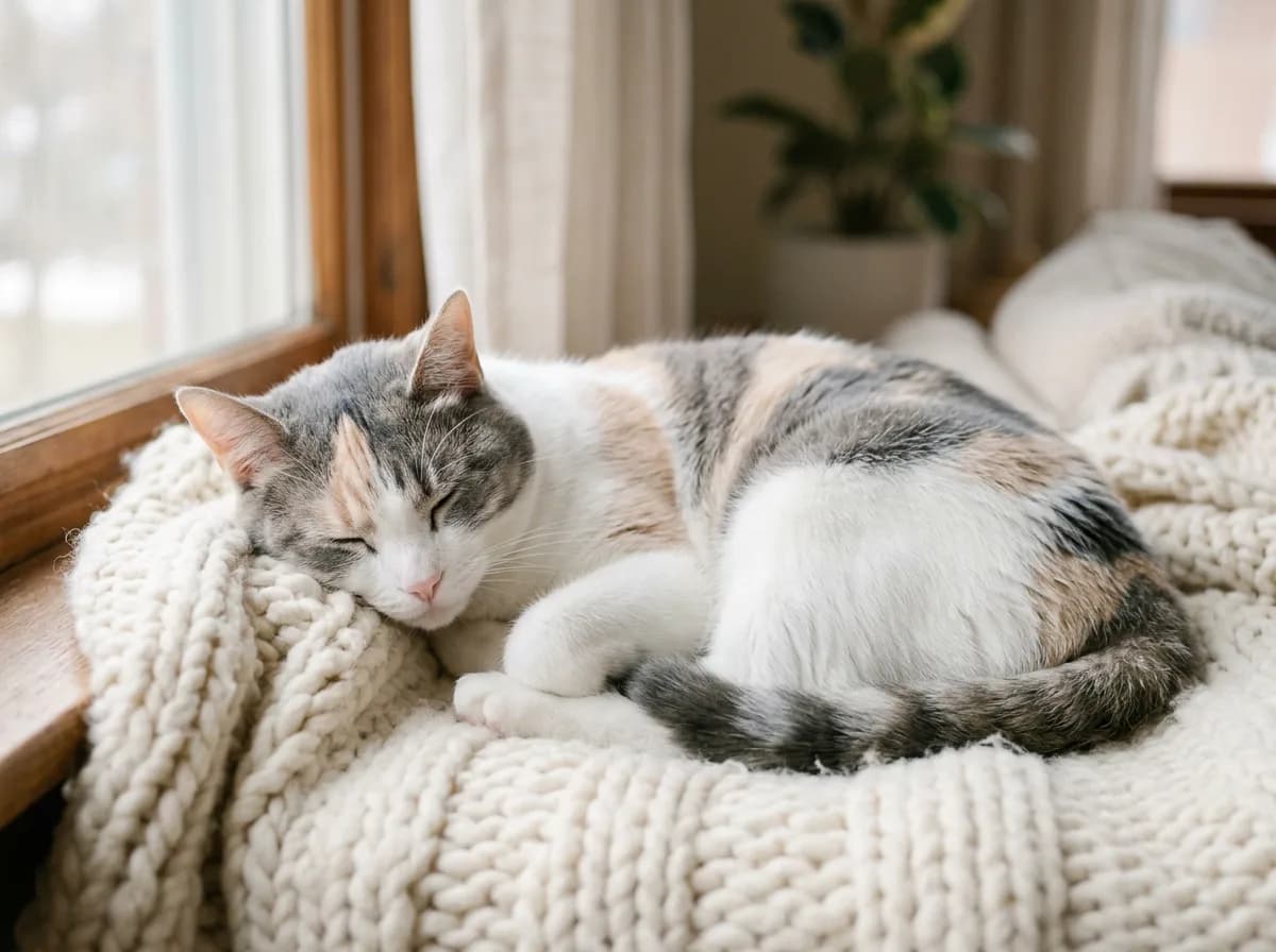 Dilute calico tabby cat with soft blue-gray and cream striped patches on a white coat, resting on a knitted blanket