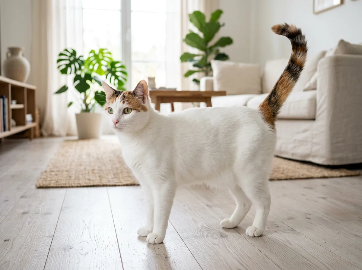 High-white calico tabby cat with small striped color patches limited to the head and tail, standing in a bright living room