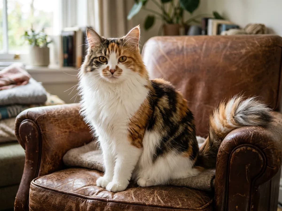 Long-haired calico tabby cat with a fluffy ruff showing swirled classic tabby markings in her orange and brown patches