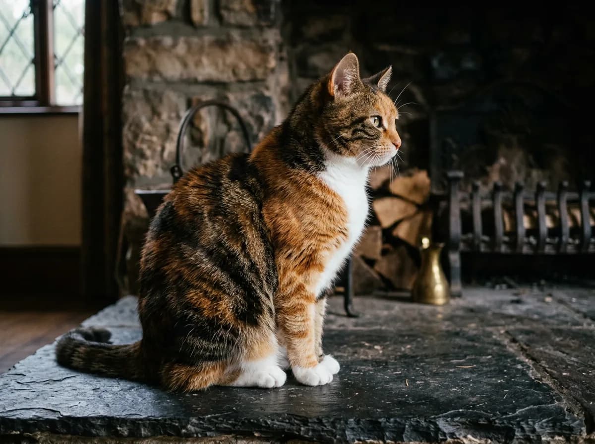 Low-white calico tabby cat with large connected orange and brown tabby patches and only a white chest and paws