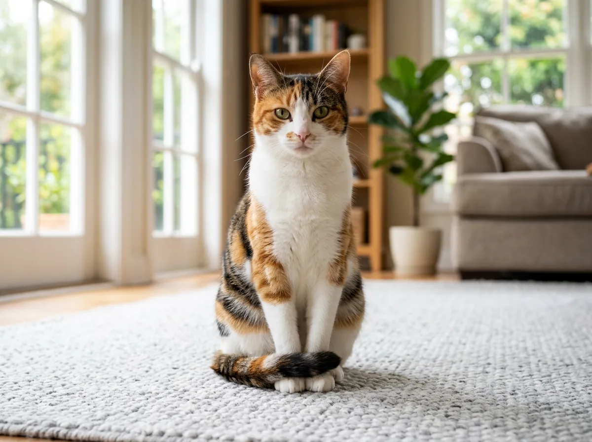 Standard calico tabby cat with bold orange striped patches and black-brown patched markings over a mostly white coat, sitting upright