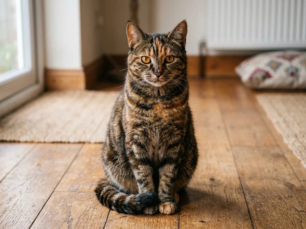 Torbie cat with a brindled orange and brown tabby-striped coat and no white patches, sitting on a wooden floor