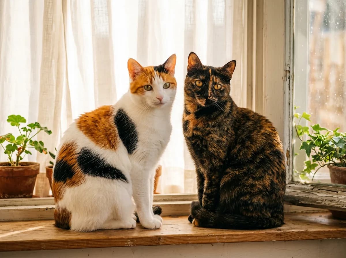 Calico cat with bold orange and black patches on white fur sitting beside a brindled black-and-orange tortoiseshell cat on a sunny windowsill