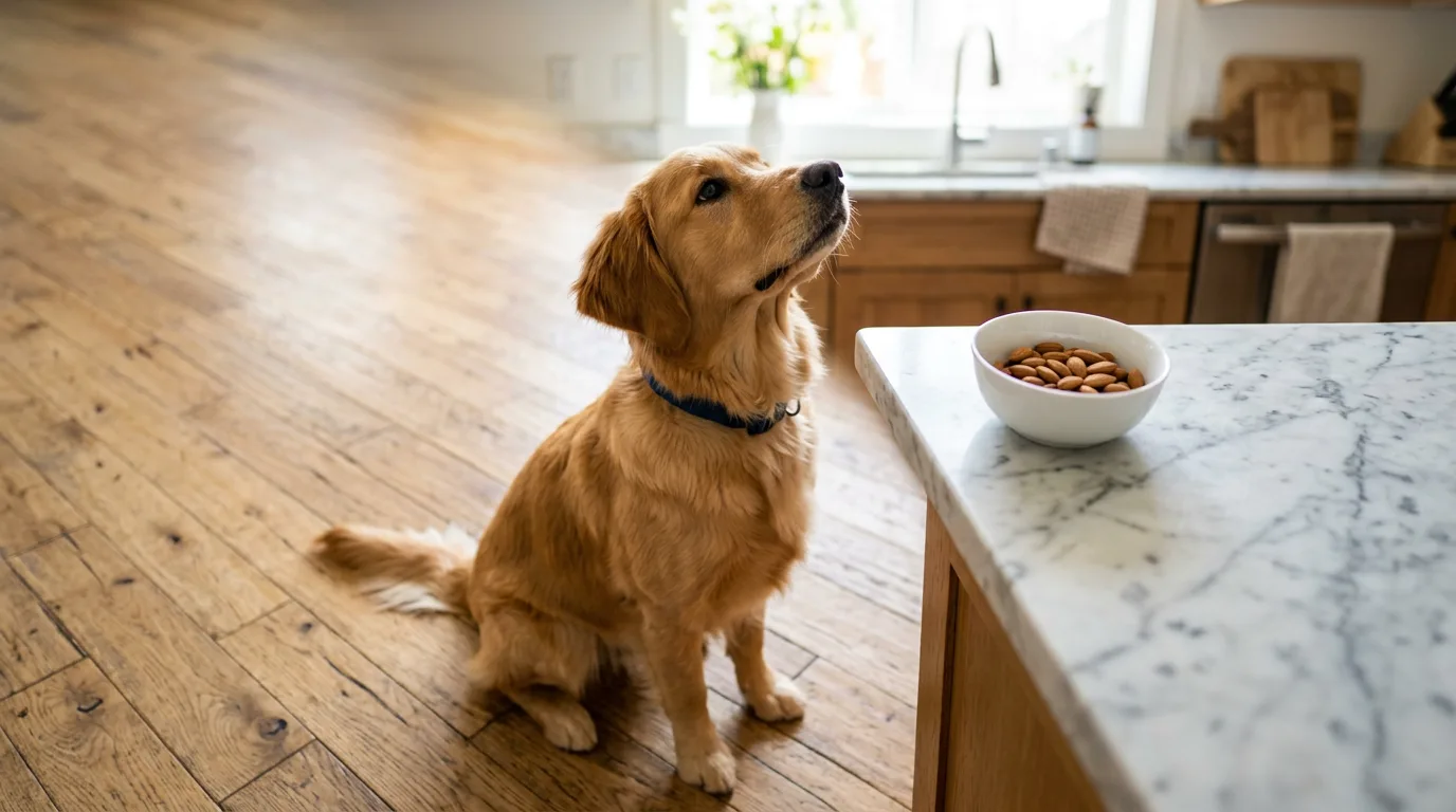 Golden retriever looking at a bowl of almonds, illustrating whether dogs can eat almonds