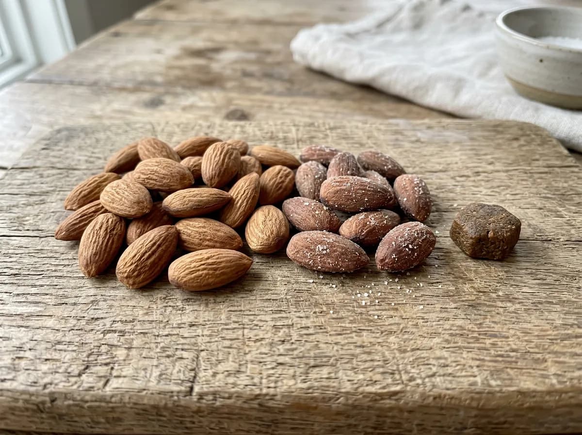 Whole raw and salted almonds on a wooden board showing the forms dogs should avoid