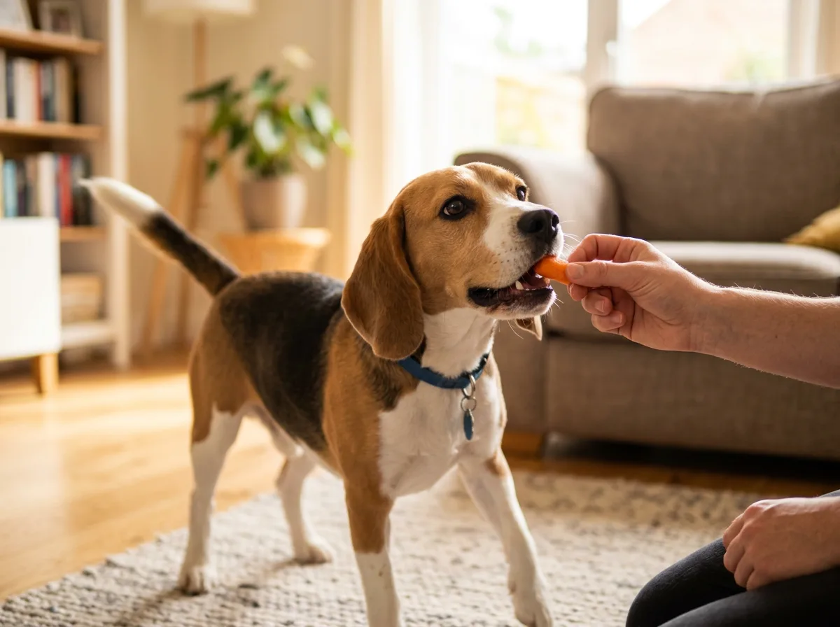 Beagle being offered a carrot as a safer treat alternative to almonds for dogs